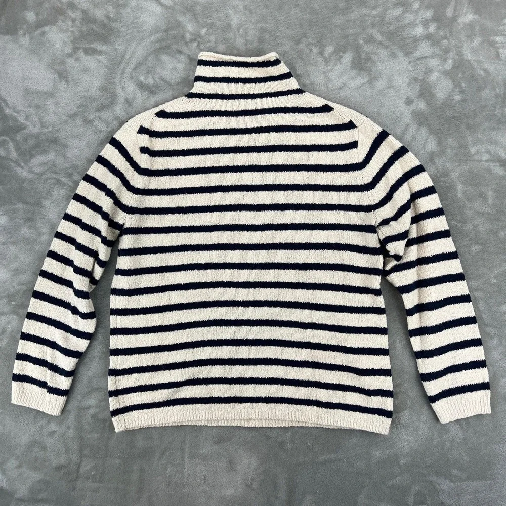 J.Crew Womens Small Ivory Navy Blue Striped Boucle Knit Turtleneck‎ Sweater
